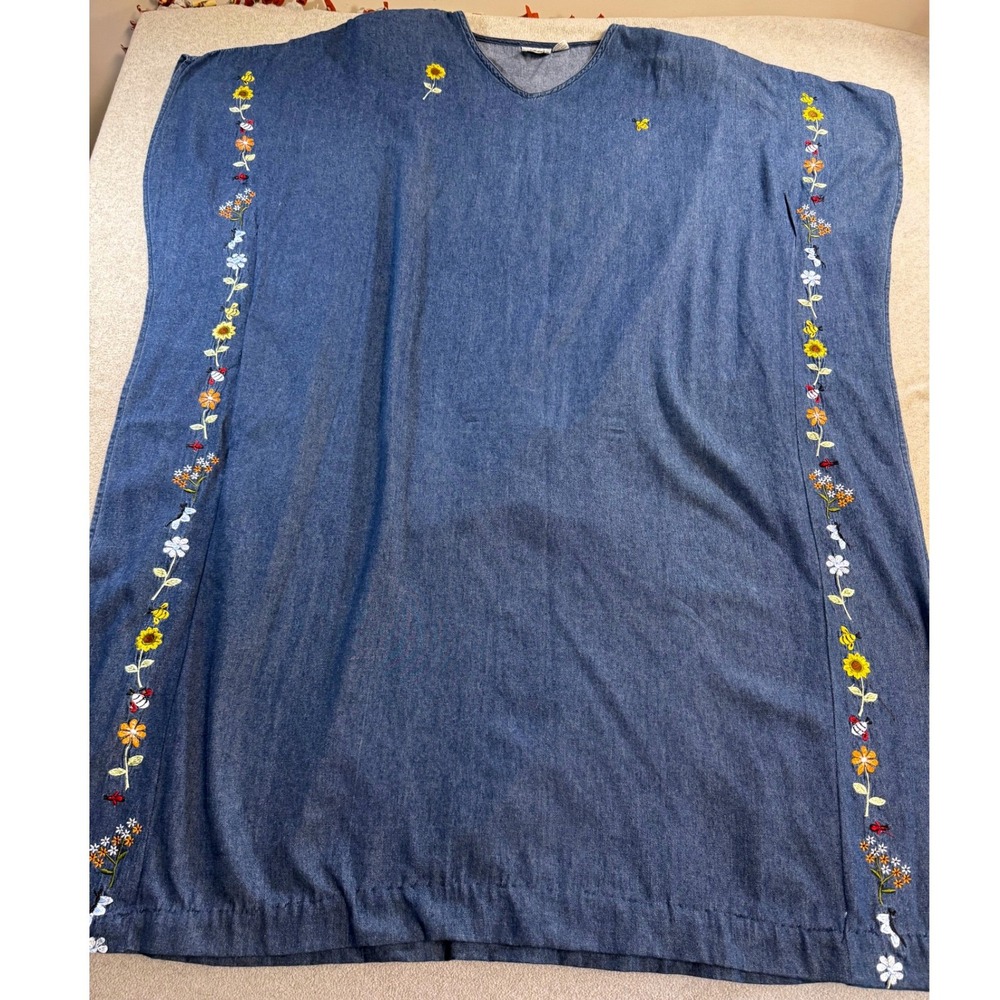 Denim Caftan Dress One Size Boho Cottagecore Coastal Embroidered Tunic Oversized